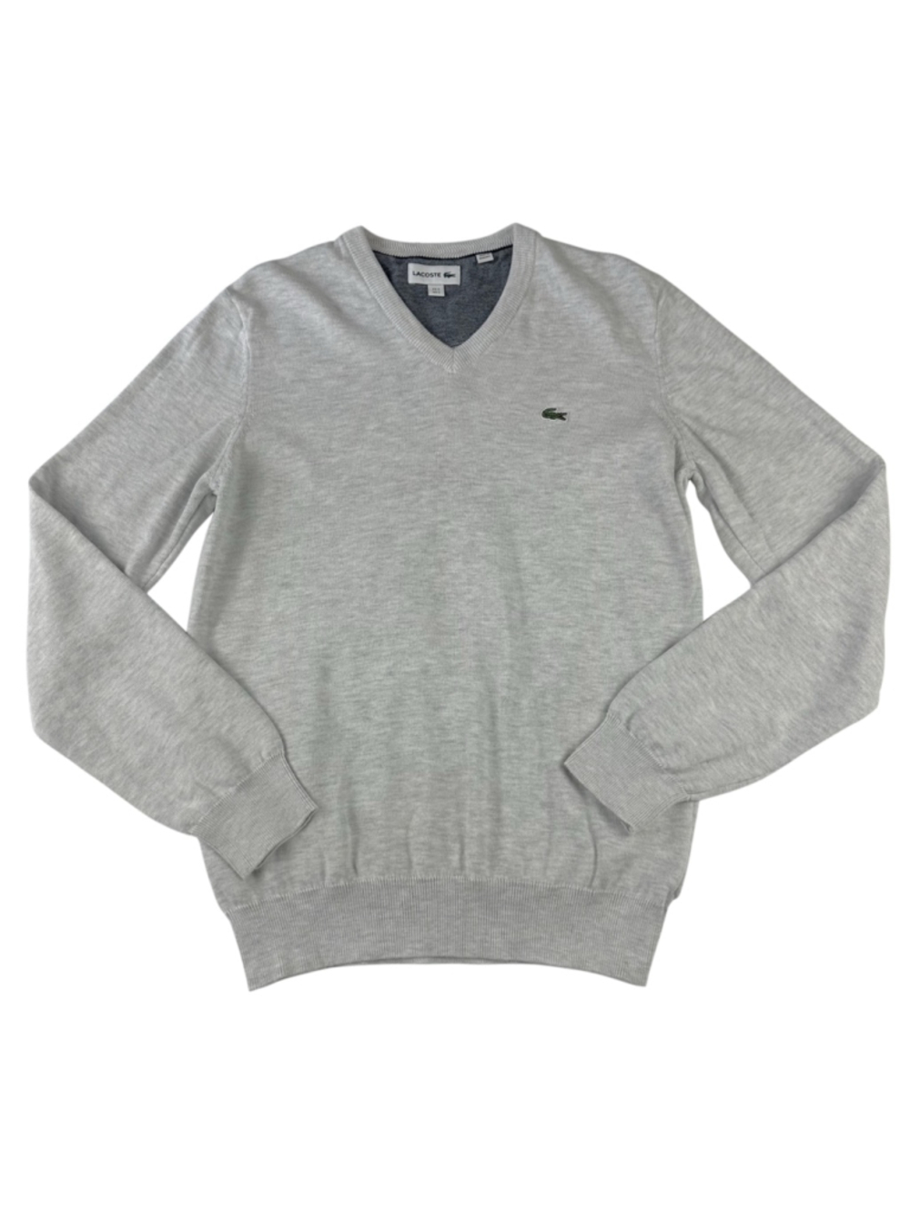 Lacoste Sweater Mens Small Gray Cotton Knit V-Neck Pullover Long Sleeve